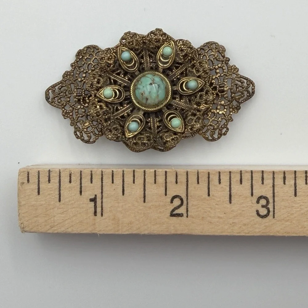 Vtg Brass Gold Tone Filigree Bow Tie Brooch / Pin Gilt Turquoise Stone Accent